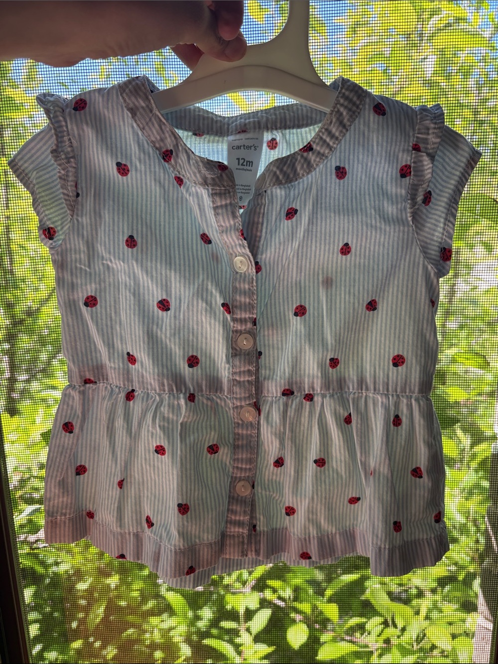 Baby Girl’s Light Blue Pinstripe & Lady Bugs Top